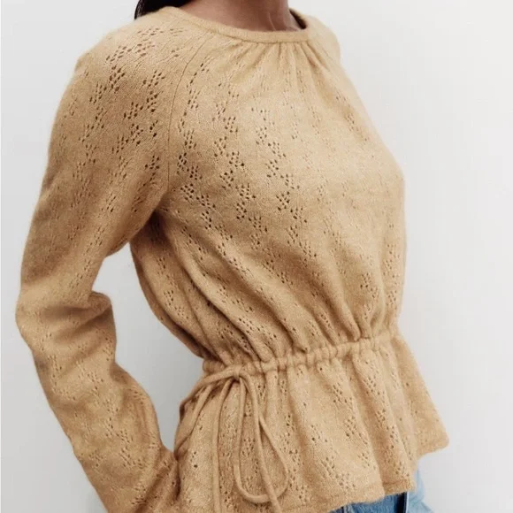 NEW H&M Pointelle-Knit Peplum Top Beige Size Medium - Picture 5 of 11